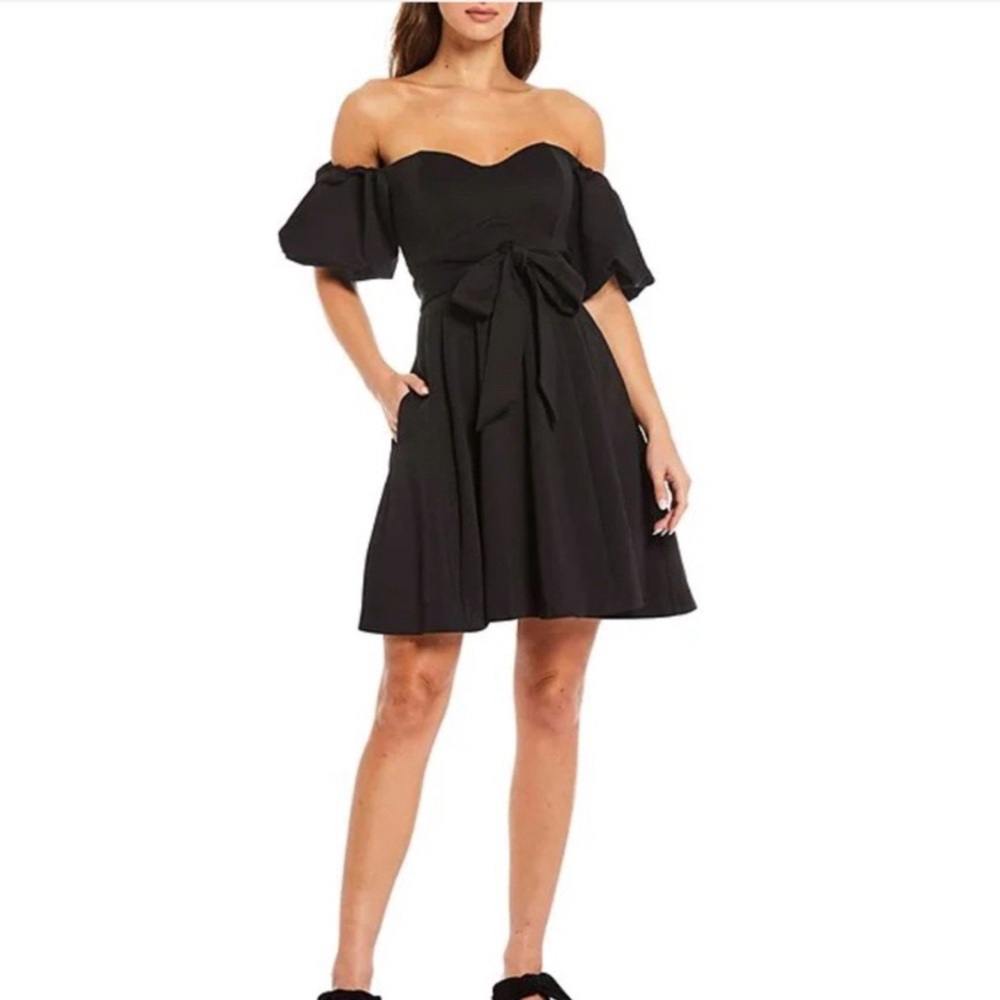 Belle Badgley Mischka Black Gracy Puff Sleeve Cocktail Wedding Guest Dress